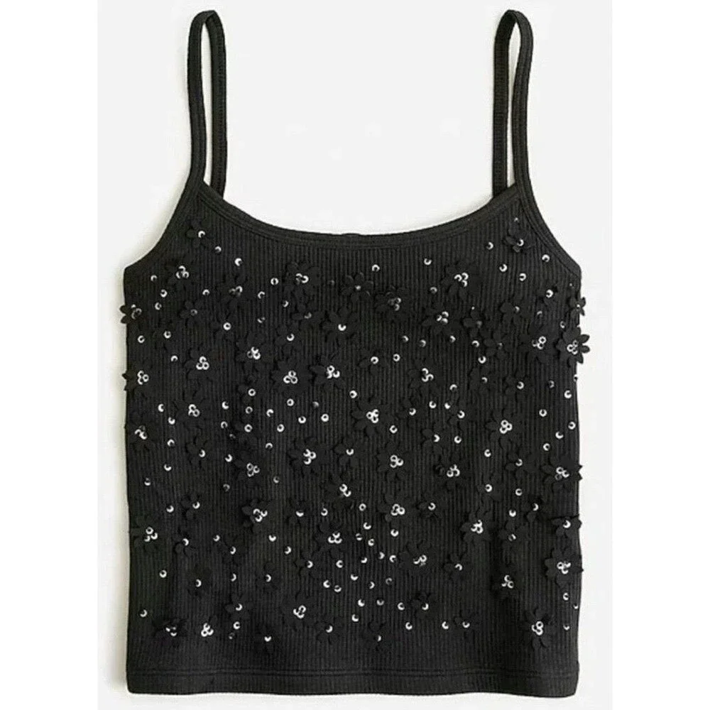 NWT J. Crew Black Floral Embellished Vintage Rib Tank Top Women Size XL (B4)